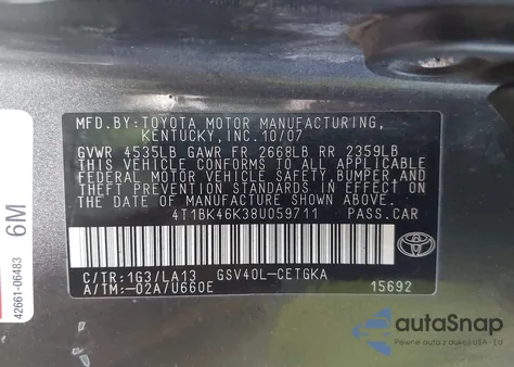 2008 Toyota Camry Xle V6 z USA, uszkodzony, nr VIN 4T1BK46K38U059711